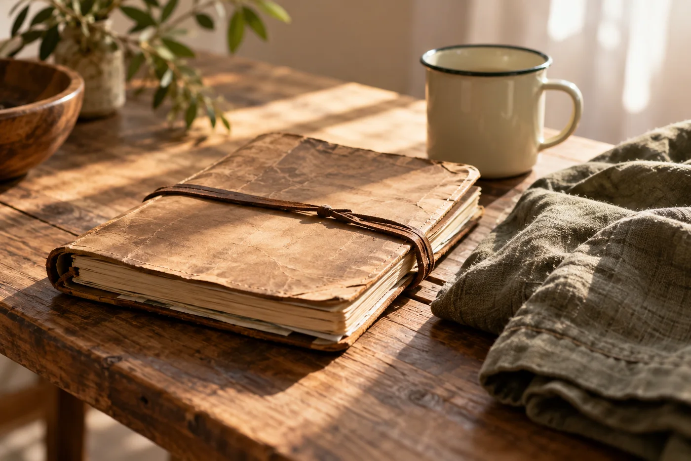 Illustrative still life of a journal in morning light